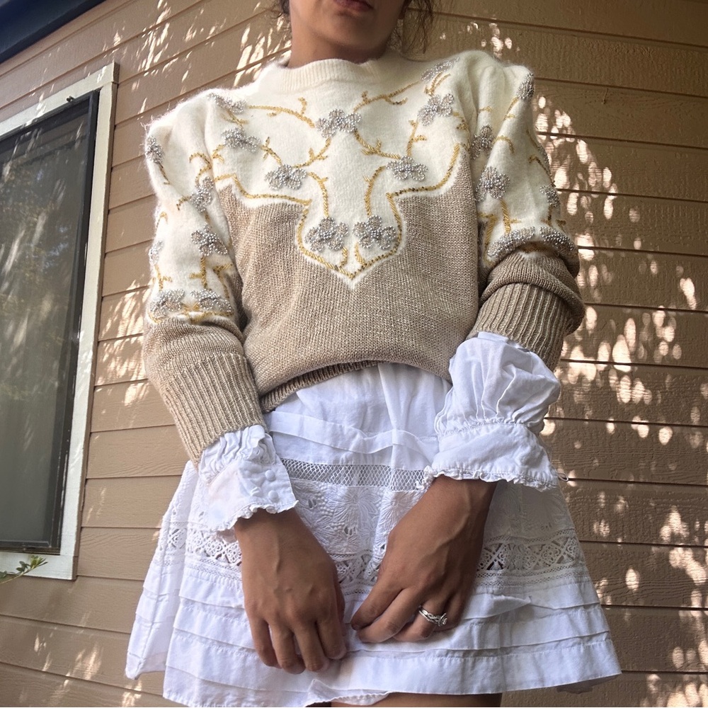 Vintage sweater cream/tan with embroidered gold & silver beads